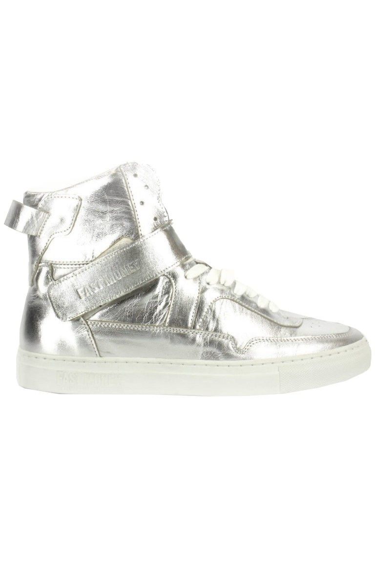 Sneakers alta in pelle argento effetto specchio suola bianca