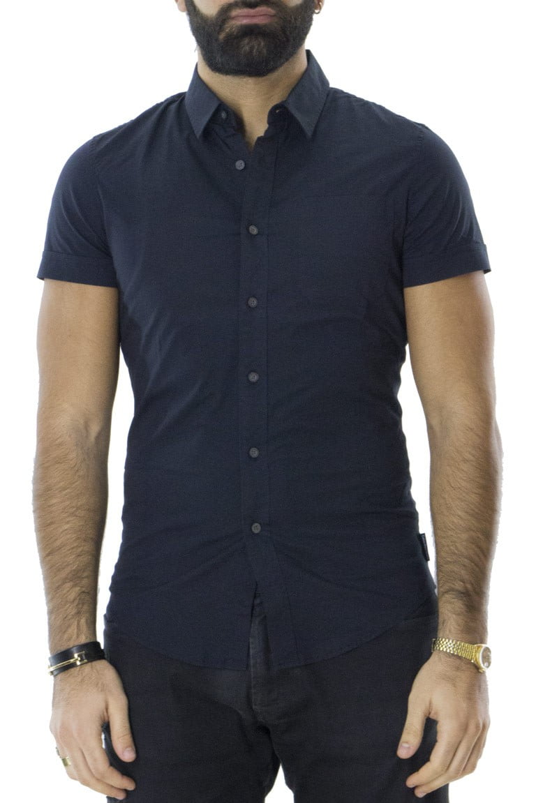 Camicia da uomo cotone elasticizzato mezze maniche tinta unita blu logata