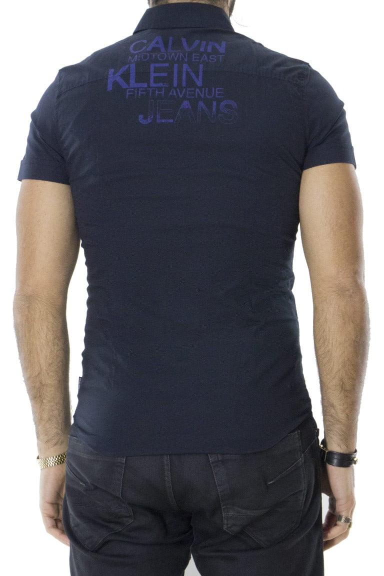 Camicia da uomo cotone elasticizzato mezze maniche tinta unita blu logata
