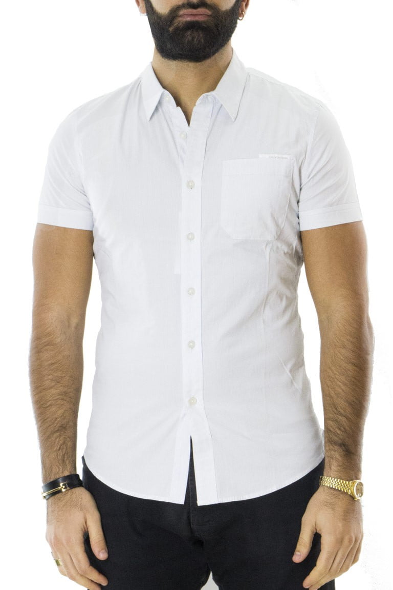 Camicia uomo in cotone slim fantasia riga verticale celeste collo italiano