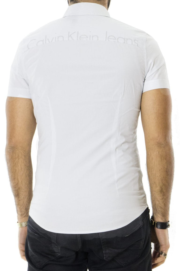 Camicia uomo in cotone slim fantasia riga verticale celeste collo italiano