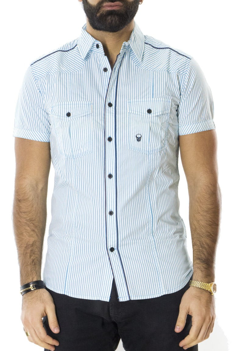 Camicia uomo mezze maniche in cotone elasticizzato fantasia riga slim