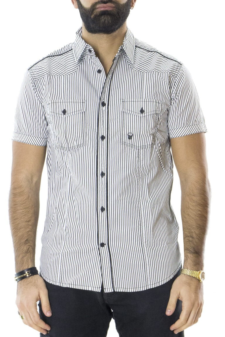 Camicia uomo mezze maniche in cotone elasticizzato fantasia riga slim