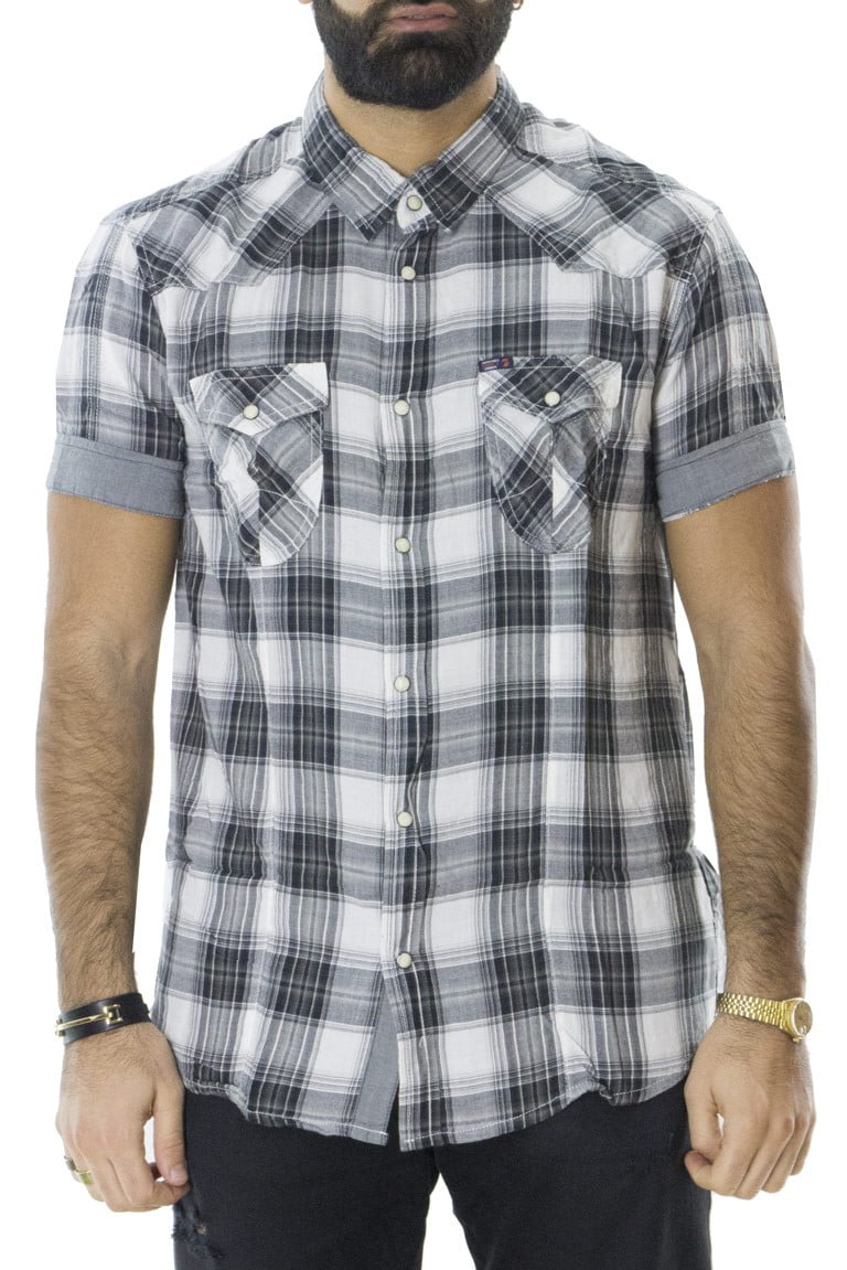Camicia uomo mezze maniche cotone elasticizzato slim fit fantasia quadri