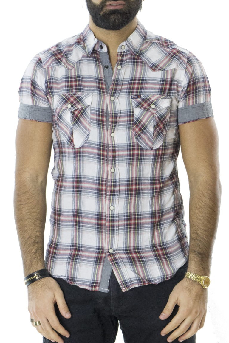 Camicia uomo mezze maniche cotone elasticizzato slim fit fantasia quadri