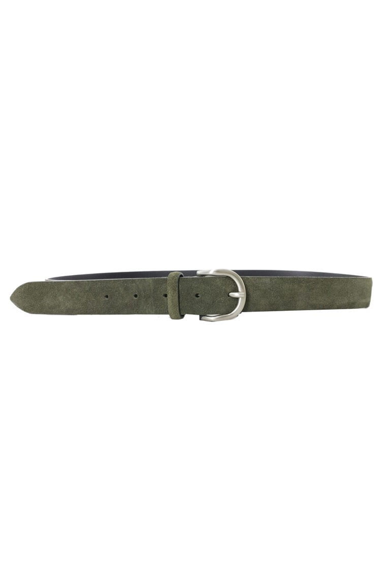Cintura uomo in camoscio verde militare con fibbia rotonda grigia