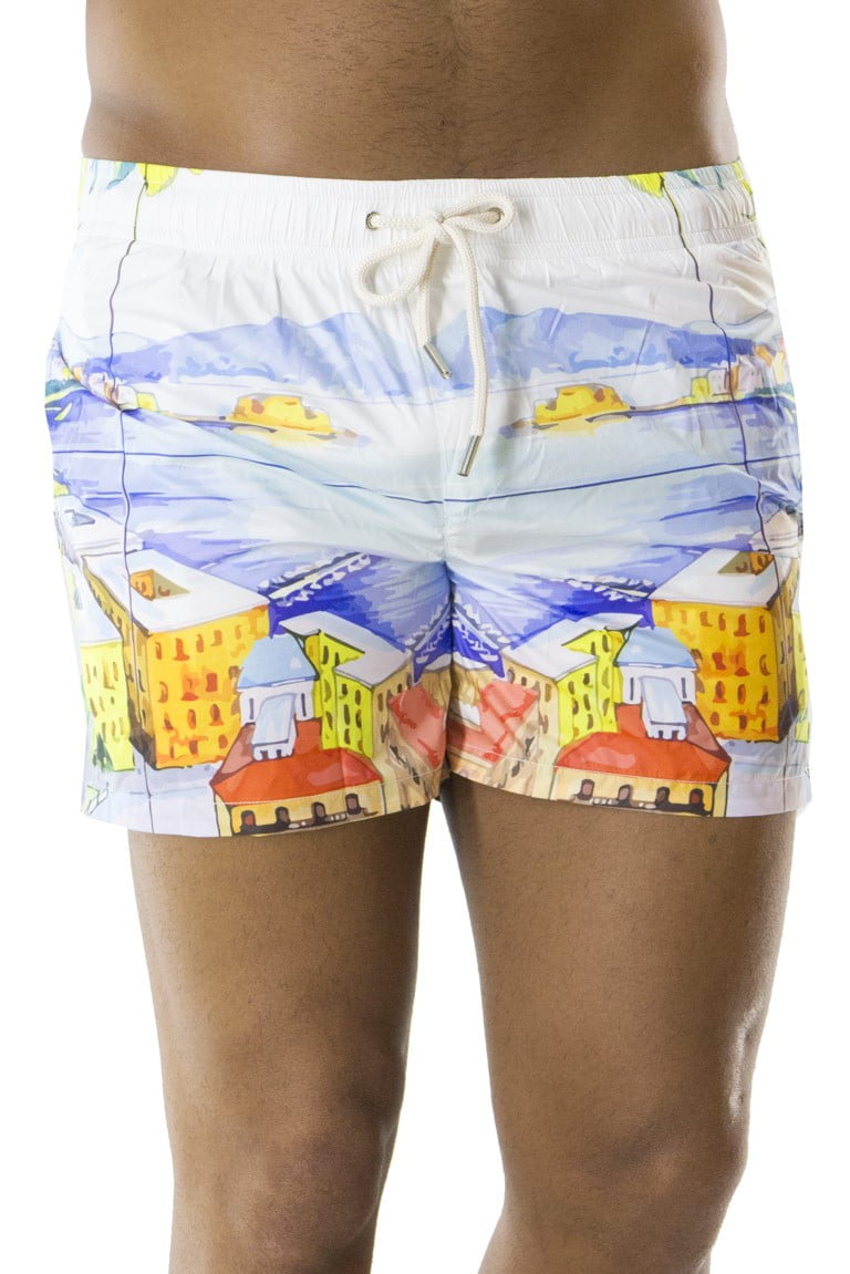 Costume da Mare Uomo Bianco pantaloncino fantasia Napoli con elastico in vita