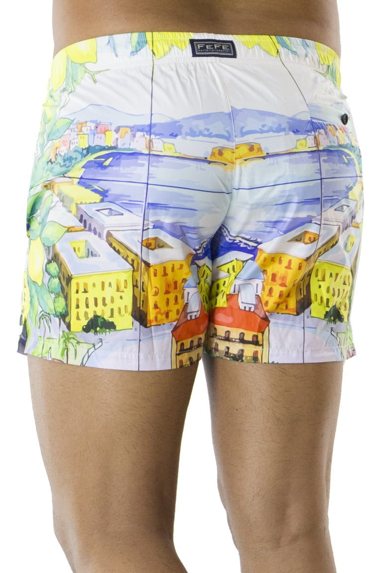 Costume da Mare Uomo Bianco pantaloncino fantasia Napoli con elastico in vita