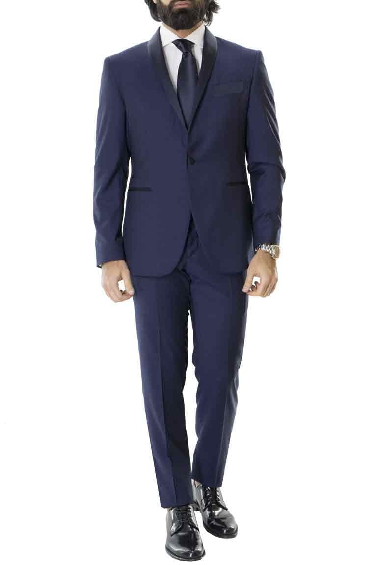 Smoking uomo blu elegante fantasia microquadro con gilet incluso