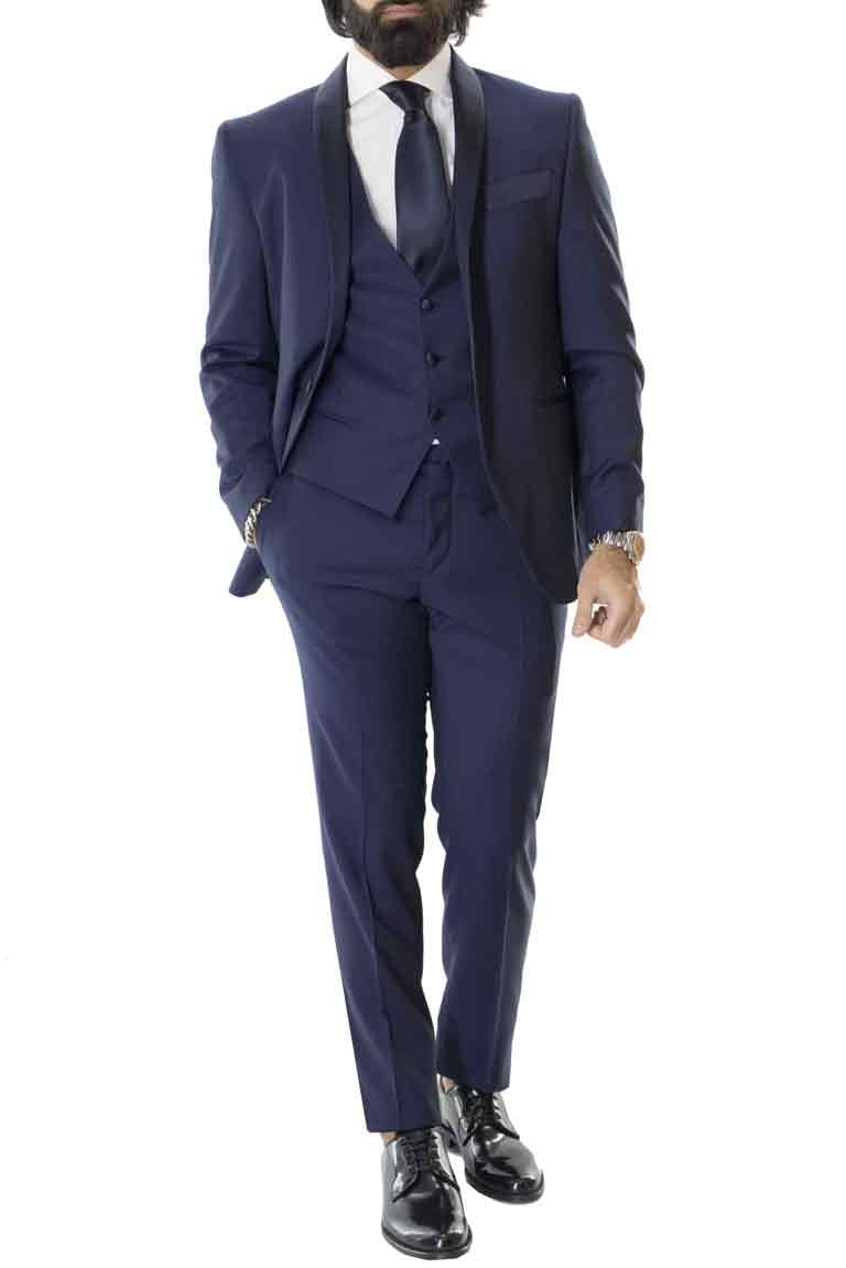 Smoking uomo blu elegante fantasia microquadro con gilet incluso