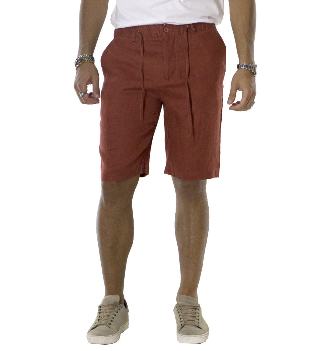 Bermuda uomo in lino modello tasca america regular fit con laccio in vita