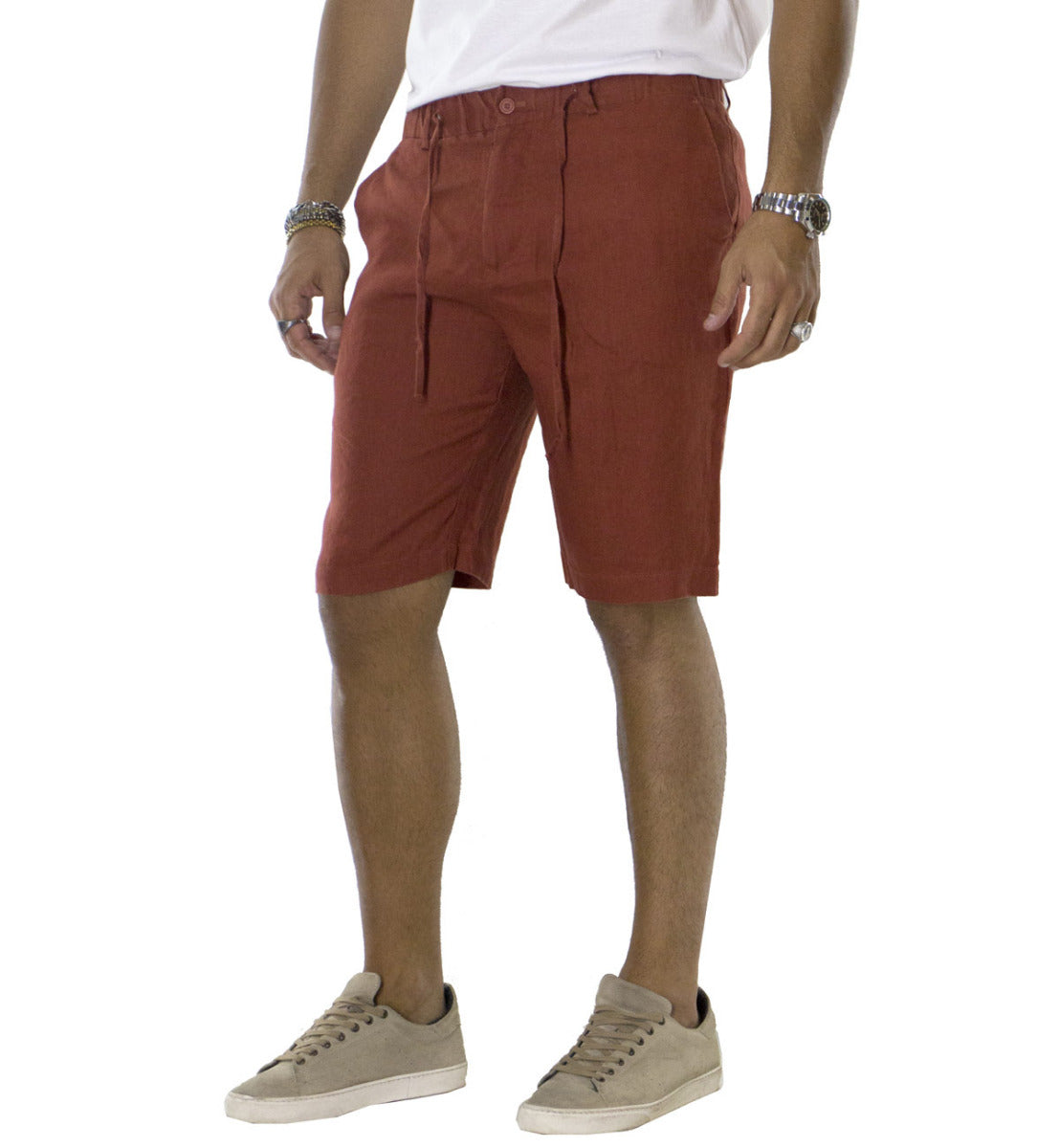 Bermuda uomo in lino modello tasca america regular fit con laccio in vita