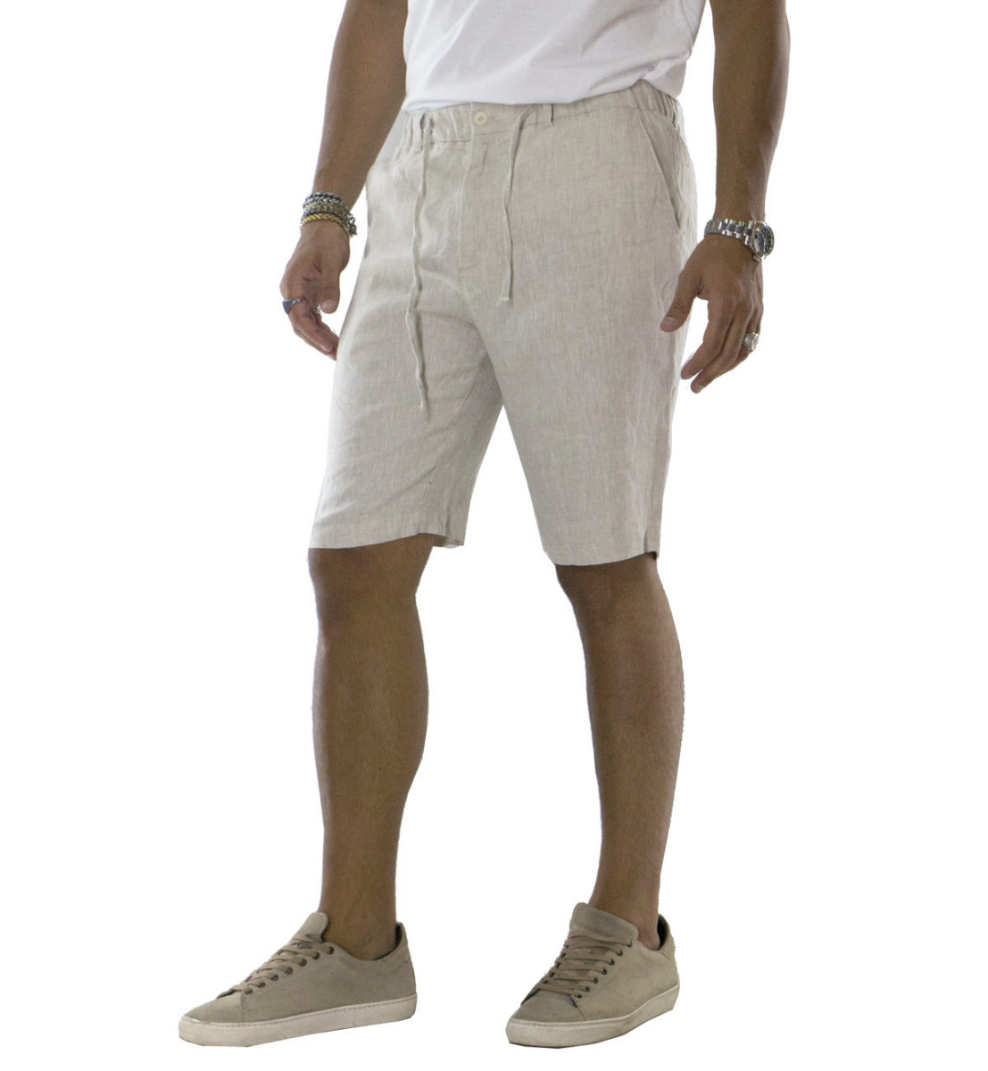 Bermuda uomo in lino modello tasca america regular fit con laccio in vita