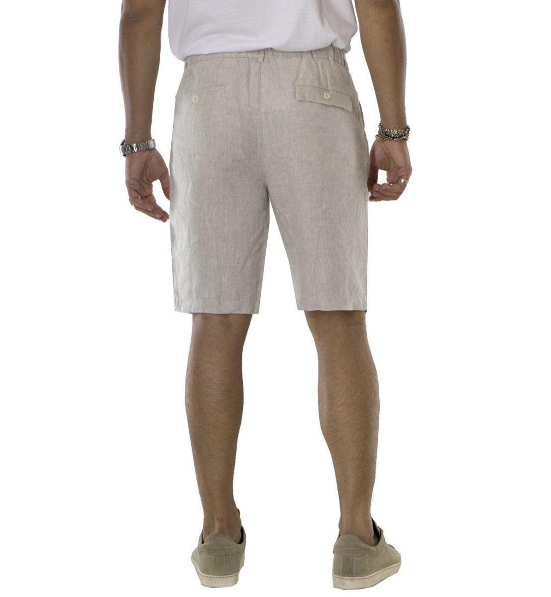 Bermuda uomo in lino modello tasca america regular fit con laccio in vita