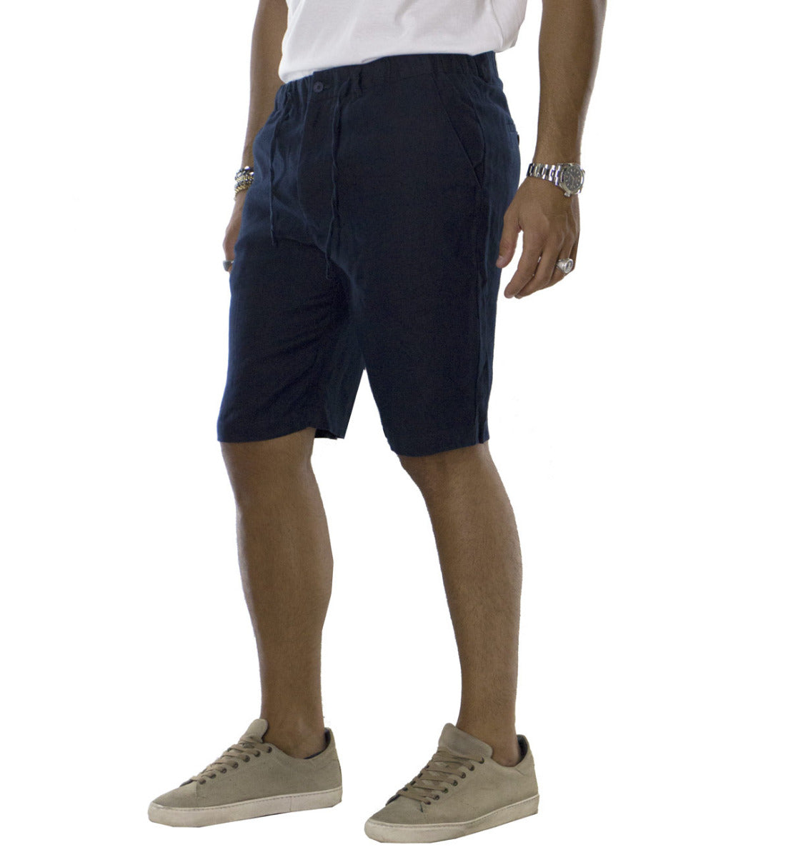 Bermuda uomo in lino modello tasca america regular fit con laccio in vita
