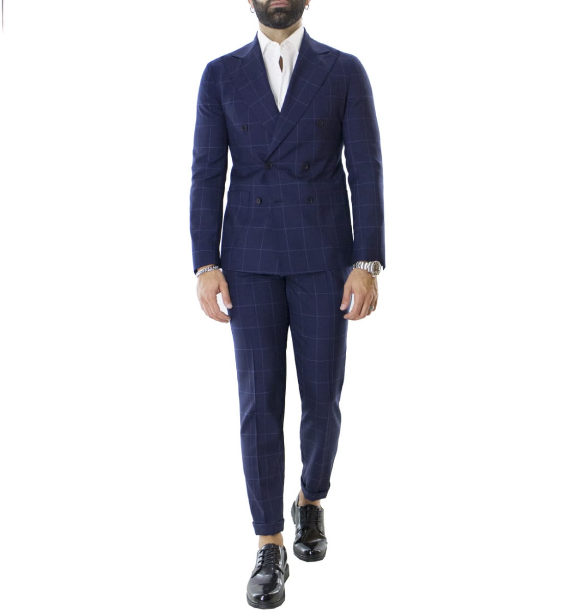 Pantalone uomo Blu a quadri vita alta con pinces fibbie laterali e risvolto 4cm