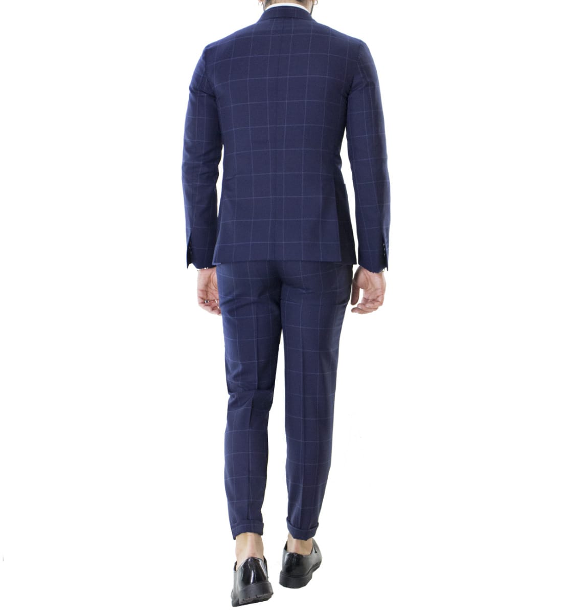 Pantalone uomo Blu a quadri vita alta con pinces fibbie laterali e risvolto 4cm