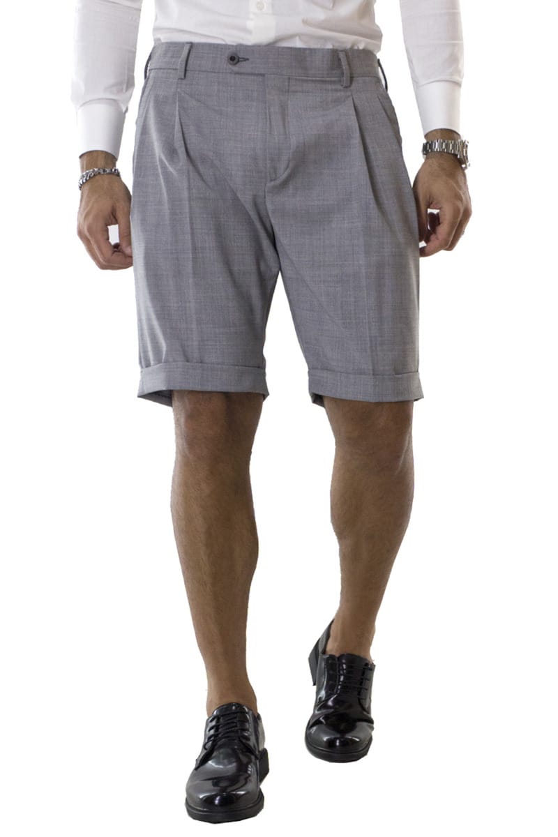 Bermuda uomo Grigio Chiaro in fresco lana vita alta con doppia pinces e tasca america