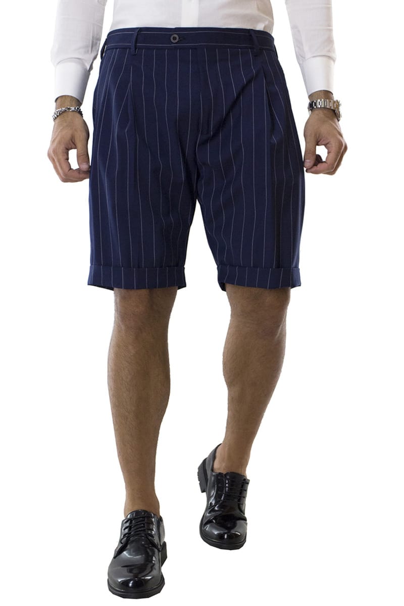 Bermuda uomo bluette gessato in fresco lana vita alta con doppia pinces e tasca america
