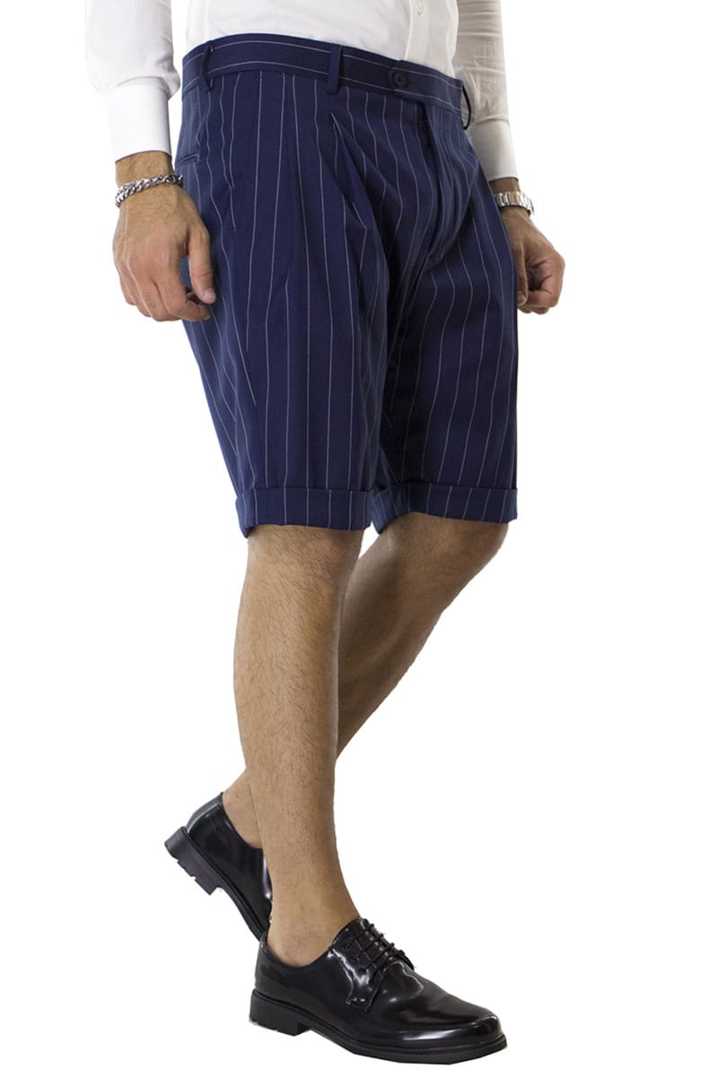 Bermuda uomo bluette gessato in fresco lana vita alta con doppia pinces e tasca america