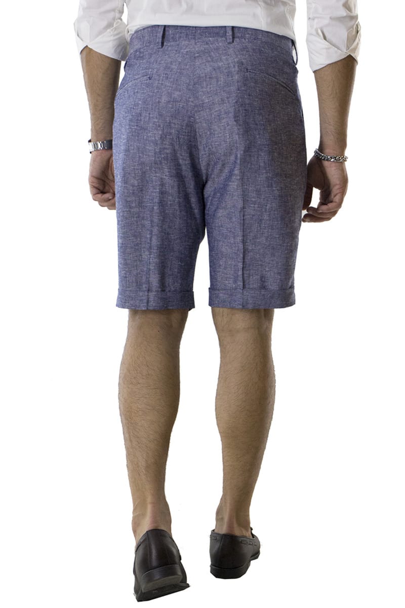 Bermuda uomo Blu in lino vita alta con doppia pinces e tasca america
