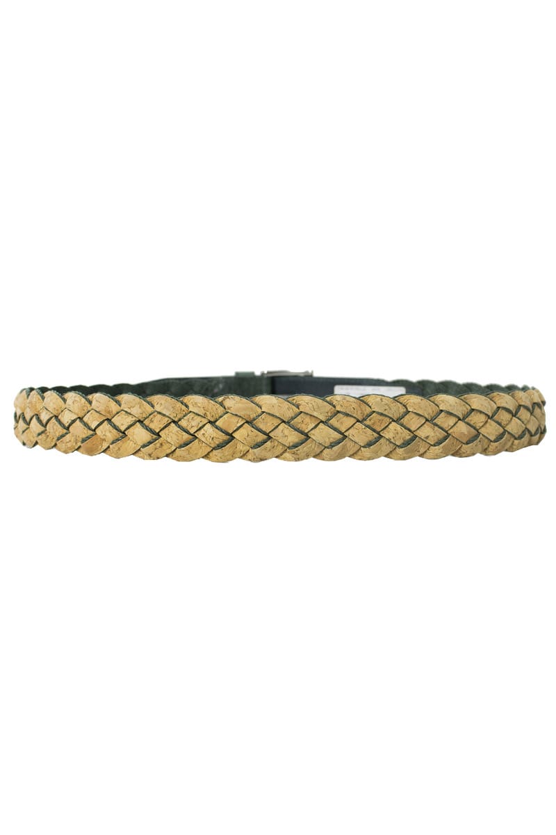 Cintura uomo beige in pelle intrecciata con retro e fibbia pelle verde