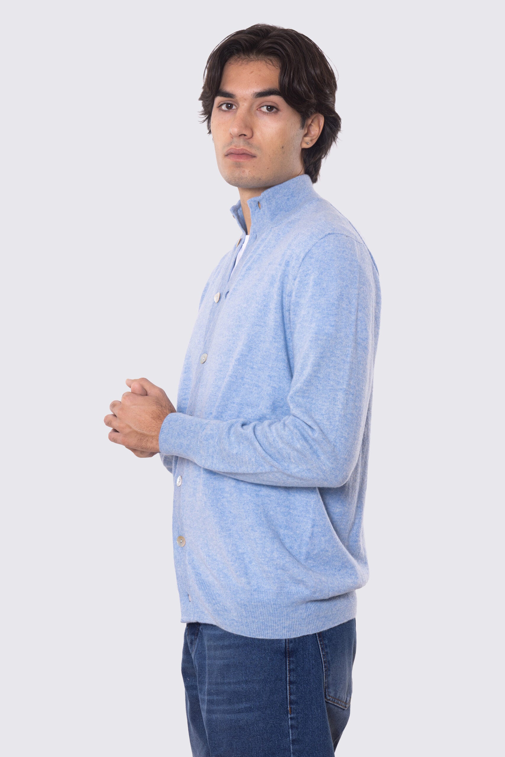 Cardigan collo alto con bottoni azzurro 100% cashmere a tubolare tinta unita con elastici sulle maniche e sul fondo Finezza 12