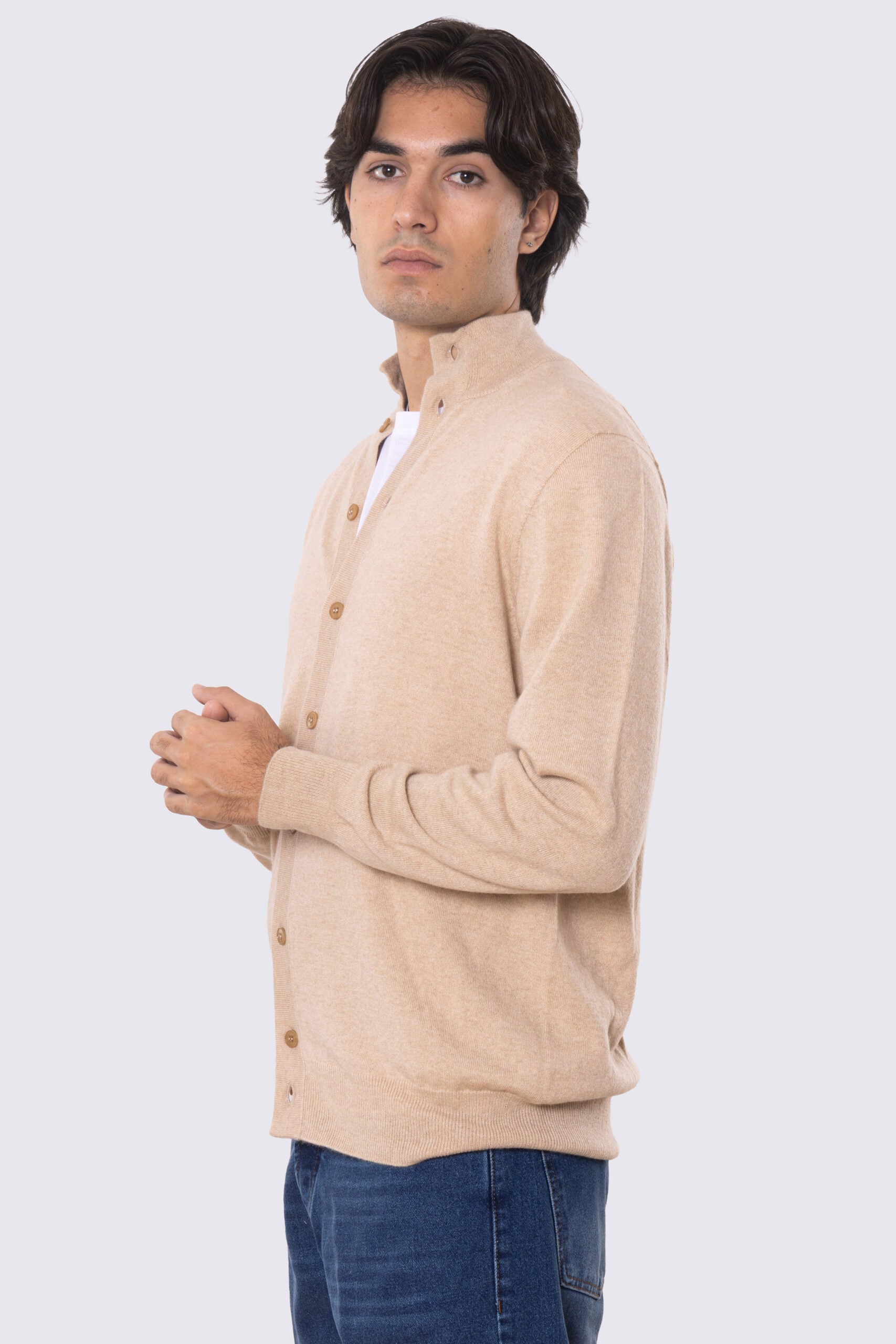 Cardigan collo alto con bottoni Color cammello 100% cashmere a tubolare tinta unita con elastici sulle maniche e sul fondo Finezza 12
