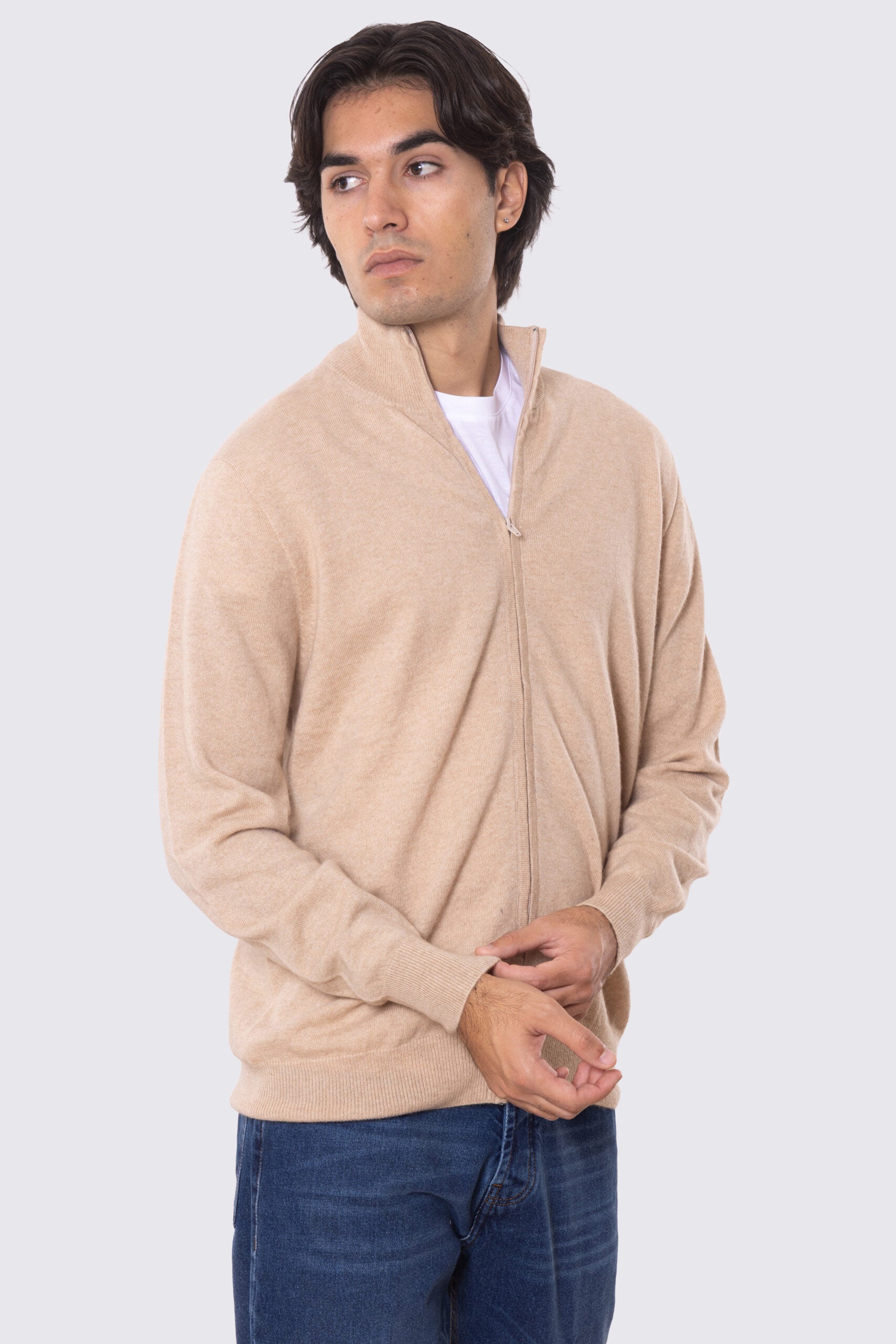 Maglione collo alto con zip a scomparsa cammello 100% cashmere a tubolare tinta unita con elastici sulle maniche e sul fondo Finezza 12