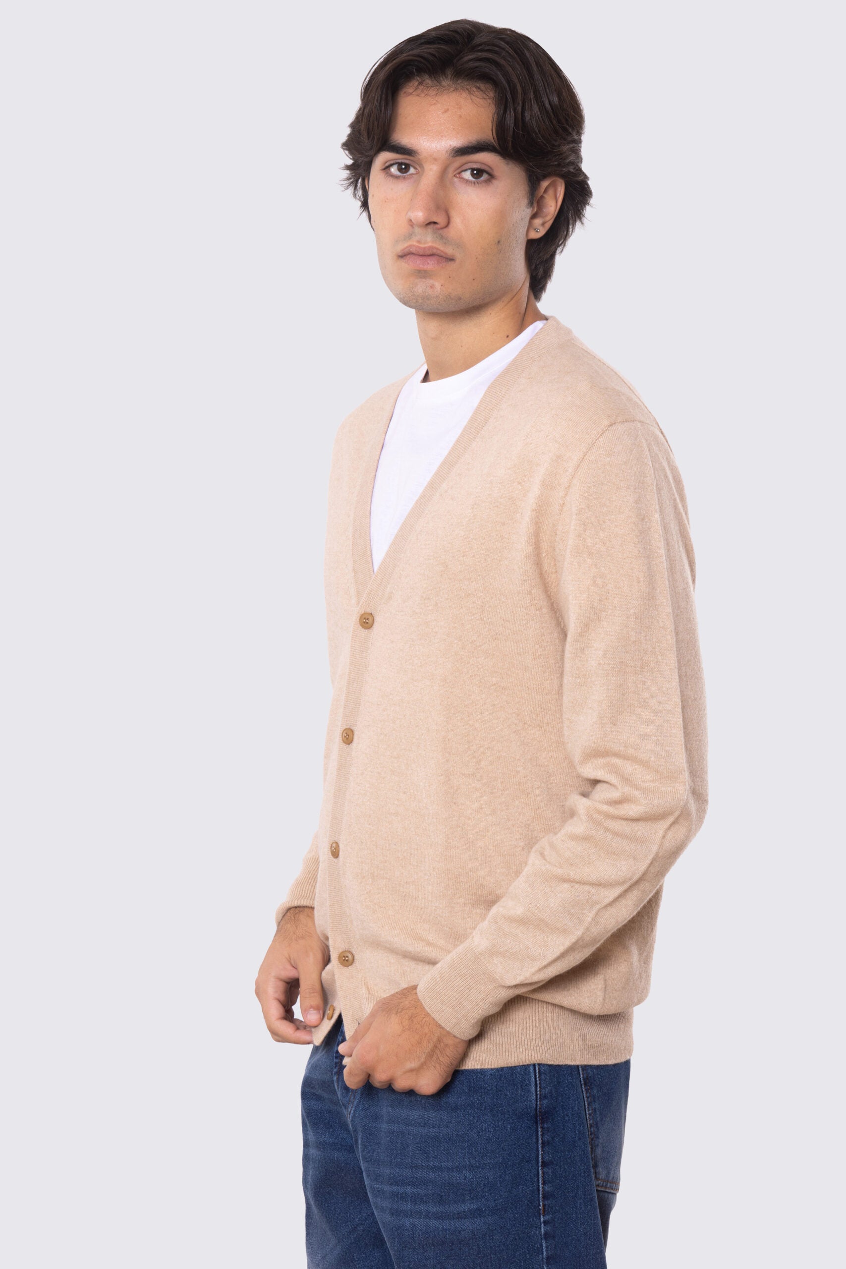 Cardigan scollo a v con bottoni Beige 100% cashmere a tubolare tinta unita con elastici sulle maniche e sul fondo Finezza 12