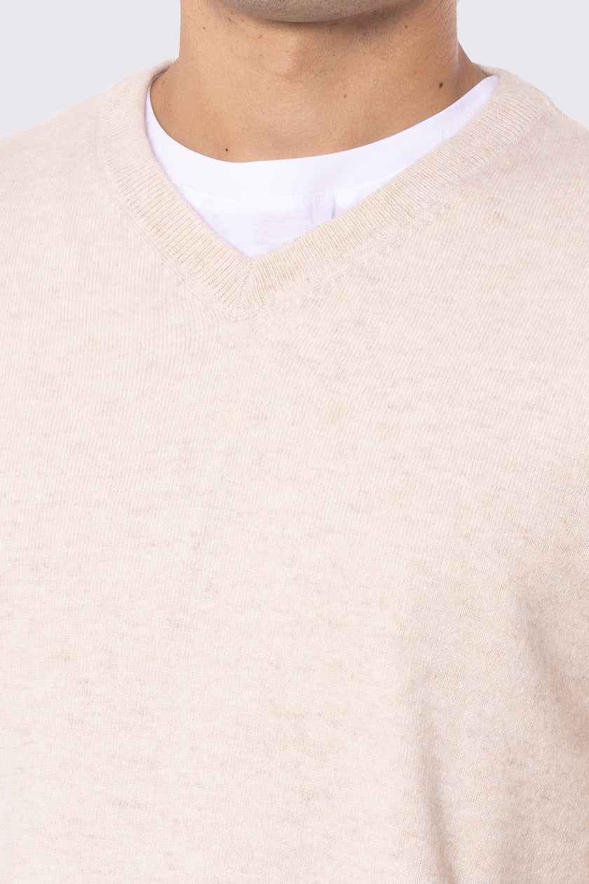 Maglione scollo a v panna 100% cashmere a tubolare tinta unita con elastici sulle maniche e sul fondo Finezza 12