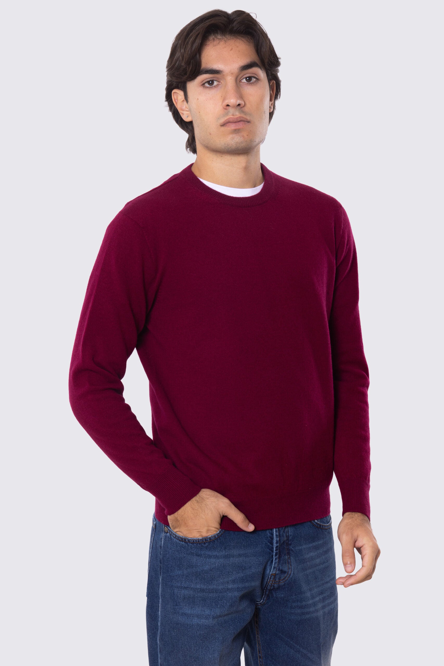 Maglione girocollo Bordeaux 100% cashmere a tubolare tinta unita con elastici sulle maniche e sul fondo Finezza 12