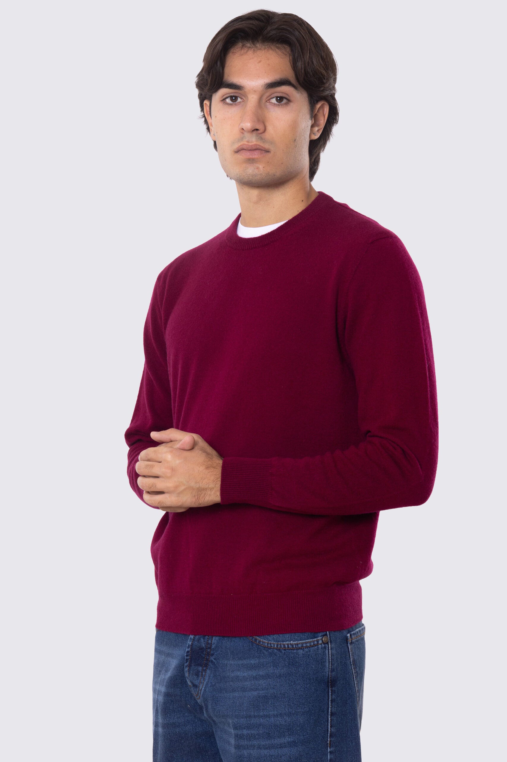 Maglione girocollo Bordeaux 100% cashmere a tubolare tinta unita con elastici sulle maniche e sul fondo Finezza 12
