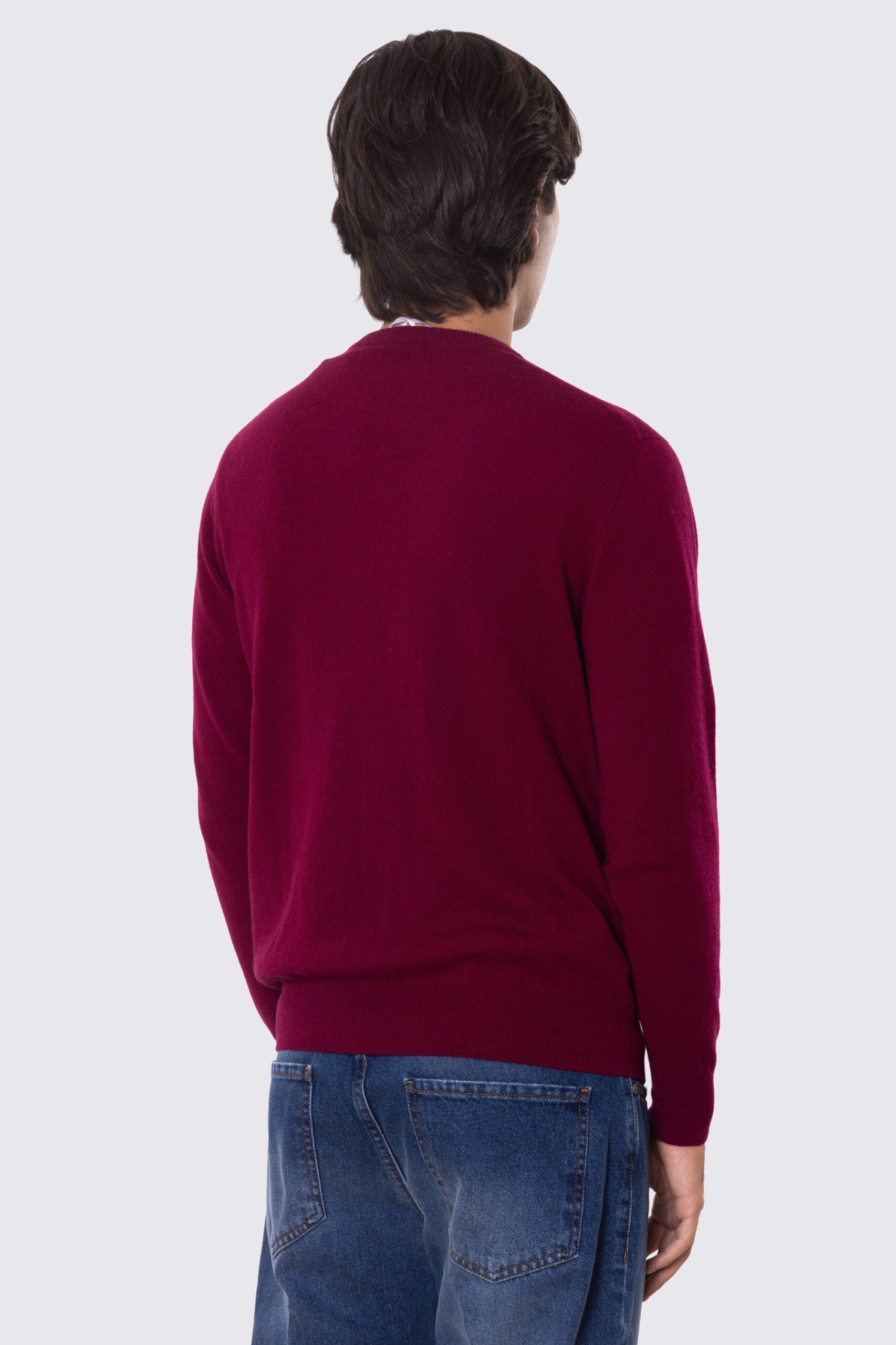Maglione girocollo Bordeaux 100% cashmere a tubolare tinta unita con elastici sulle maniche e sul fondo Finezza 12