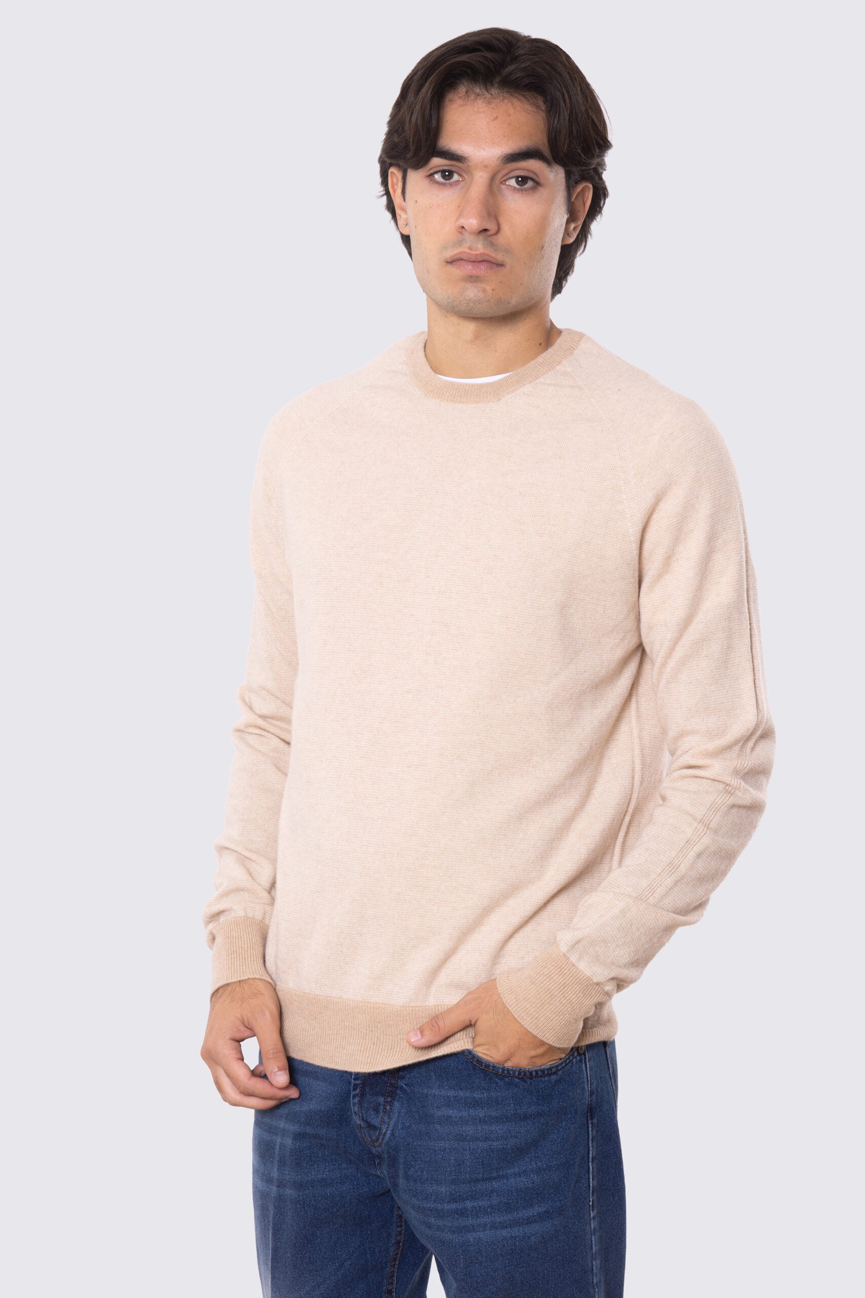 Maglione girocollo beige rigato 100% cashmere a tubolare tinta unita con elastici sulle maniche e sul fondo Finezza 12