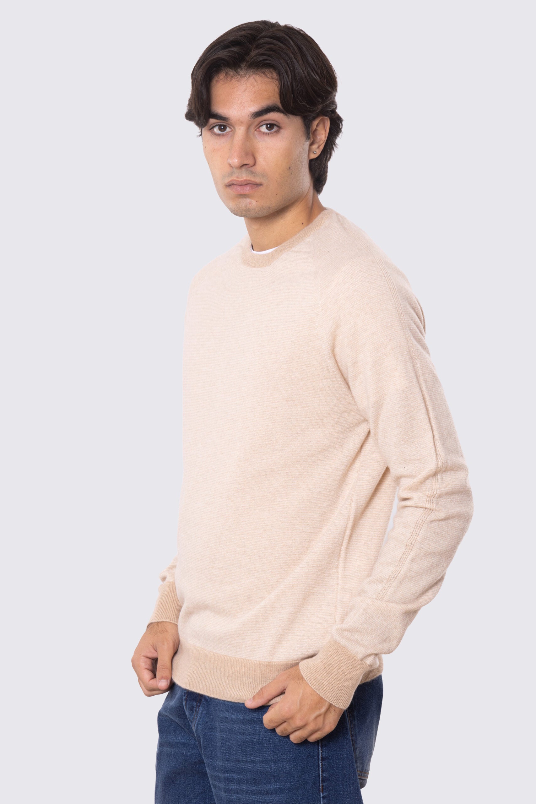 Maglione girocollo beige rigato 100% cashmere a tubolare tinta unita con elastici sulle maniche e sul fondo Finezza 12