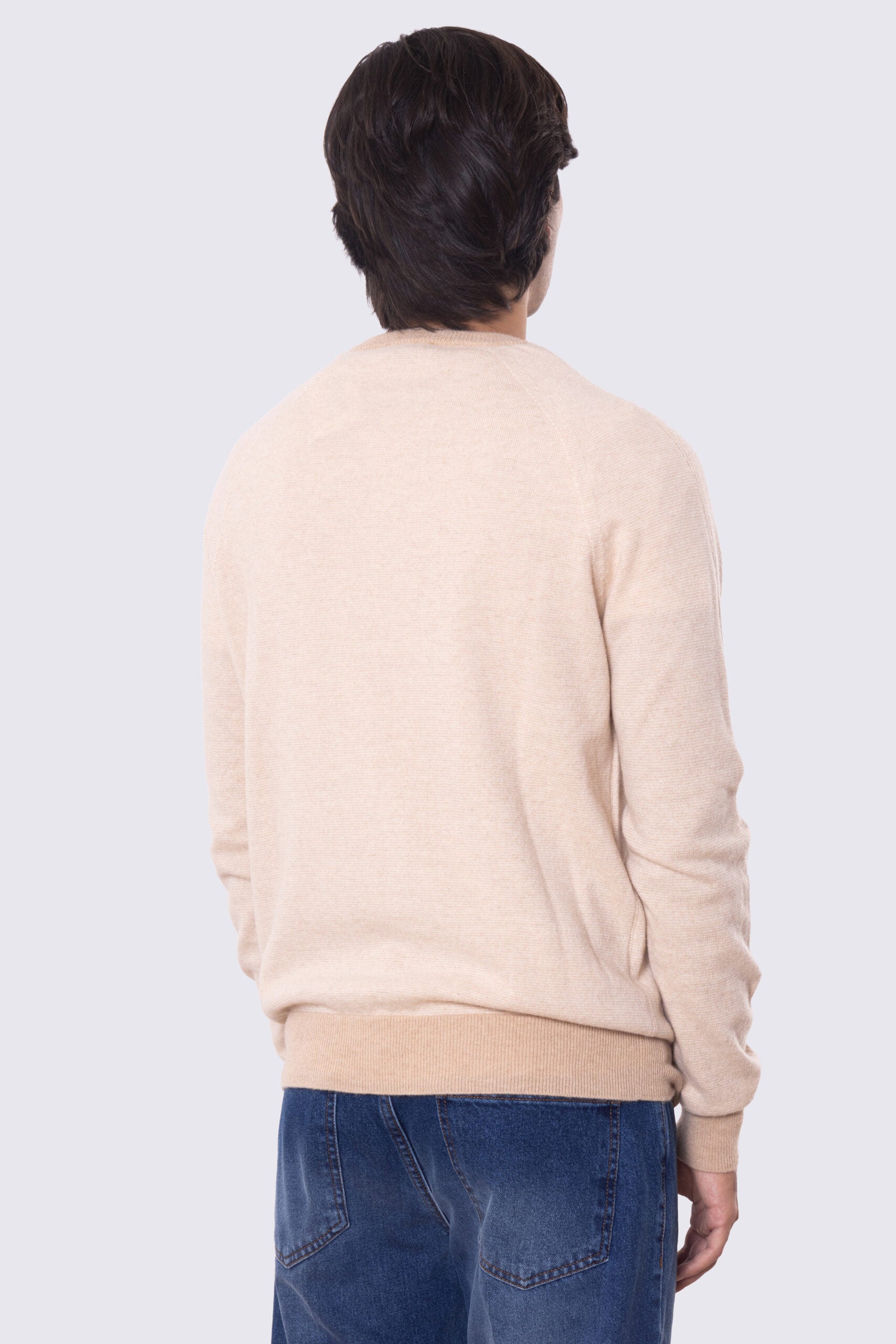 Maglione girocollo beige rigato 100% cashmere a tubolare tinta unita con elastici sulle maniche e sul fondo Finezza 12