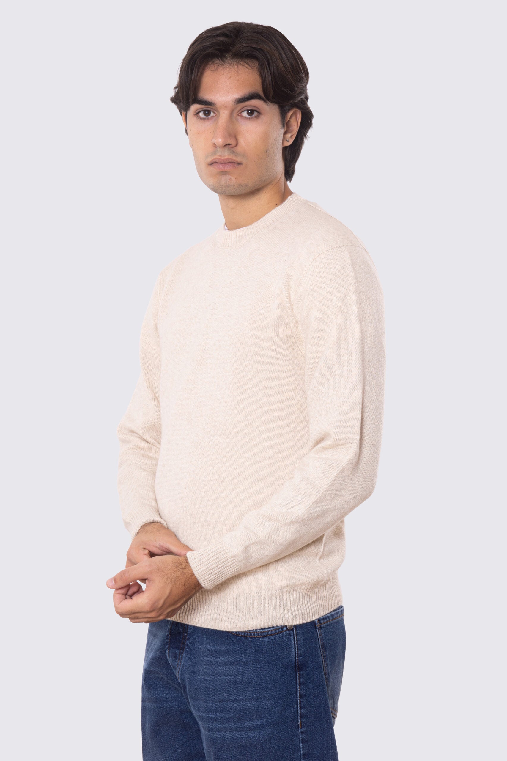 Maglione girocollo Beige Chiaro 100% cashmere a tubolare tinta unita con elastici sulle maniche e sul fondo Finezza 12