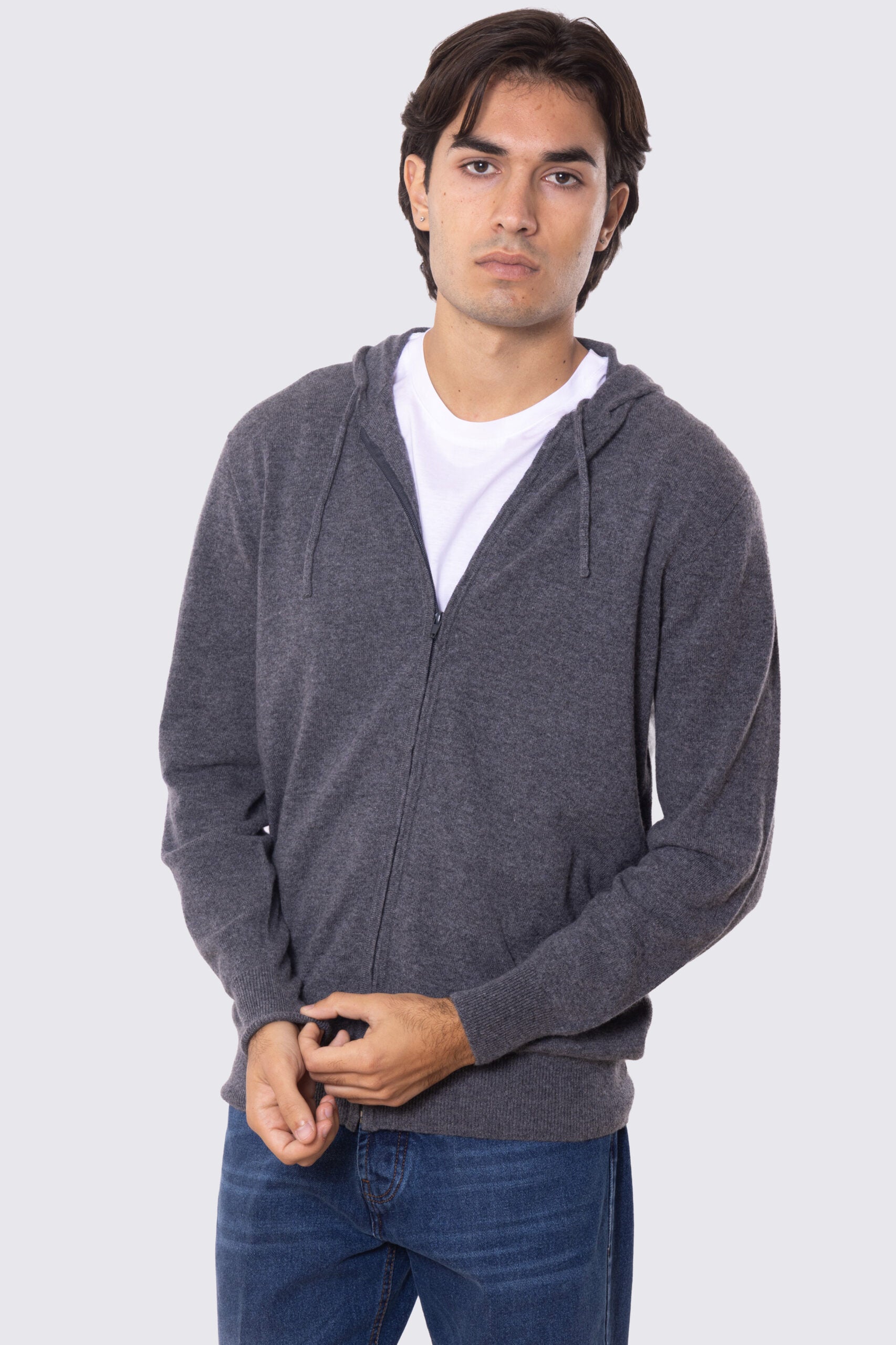 Felpa con cappuccio grigia chiusura zip 100% cashmere a tubolare tinta unita con elastici sulle maniche e sul fondo Finezza 12