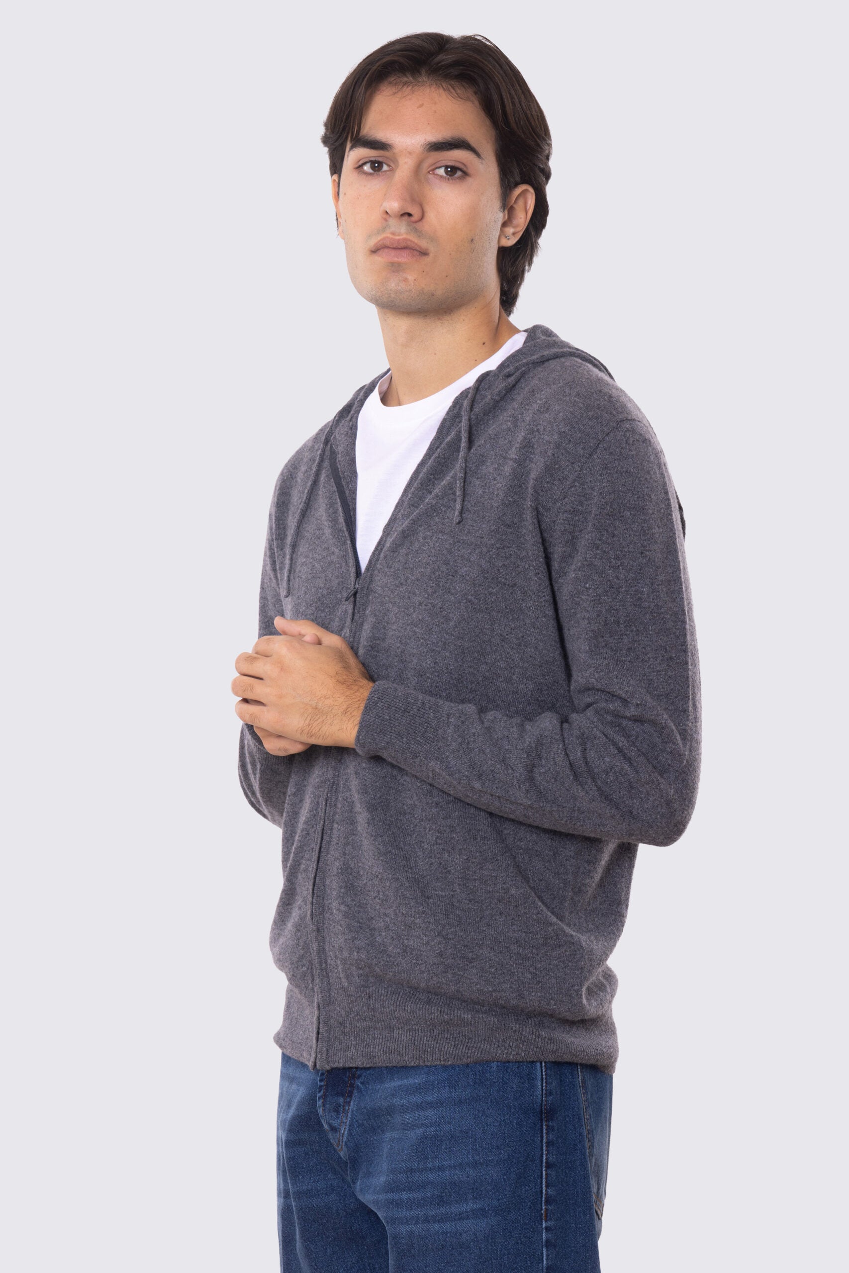 Felpa con cappuccio grigia chiusura zip 100% cashmere a tubolare tinta unita con elastici sulle maniche e sul fondo Finezza 12