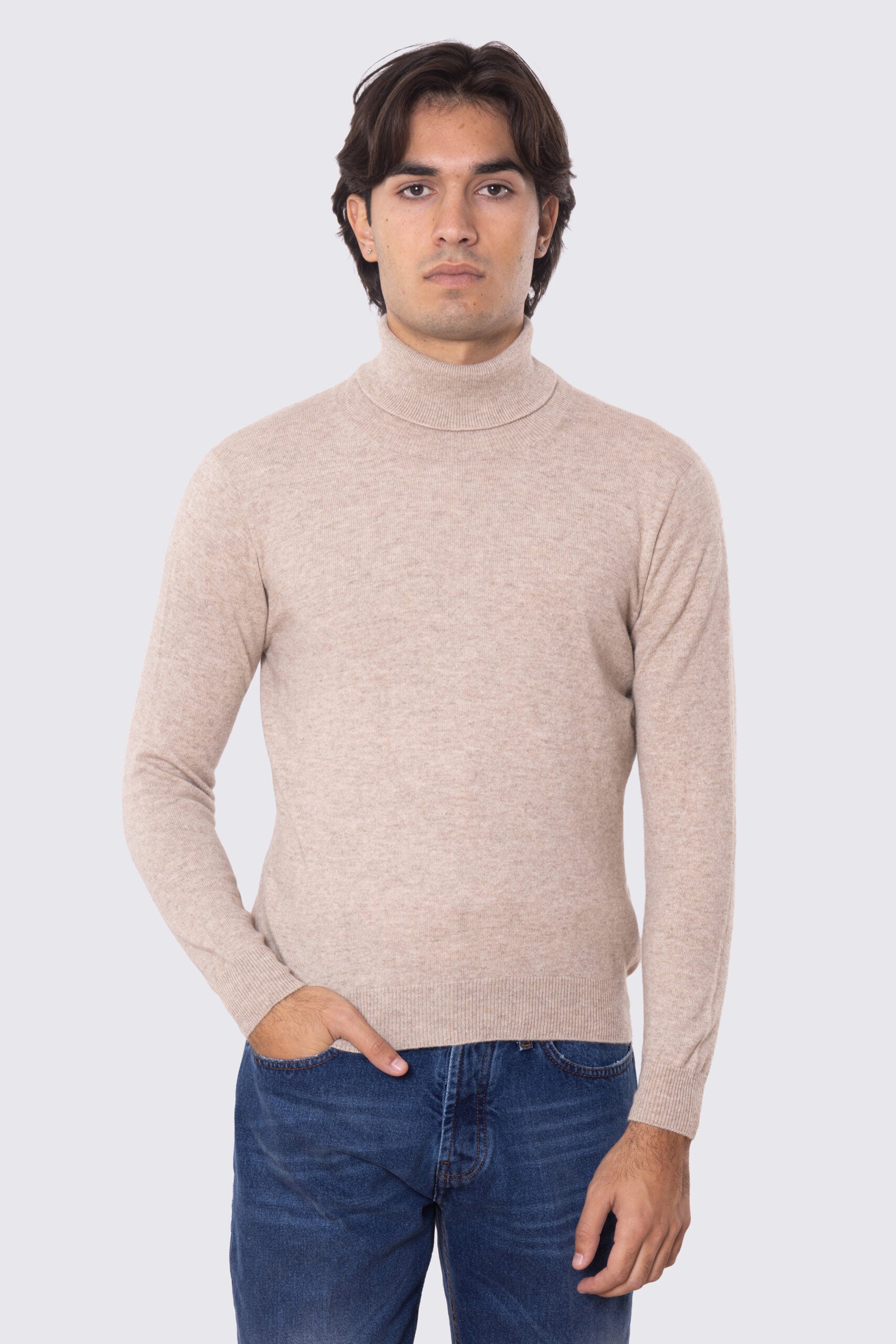 Dolcevita Beige 100% cashmere a tubolare tinta unita con elastici sulle maniche e sul fondo Finezza 12