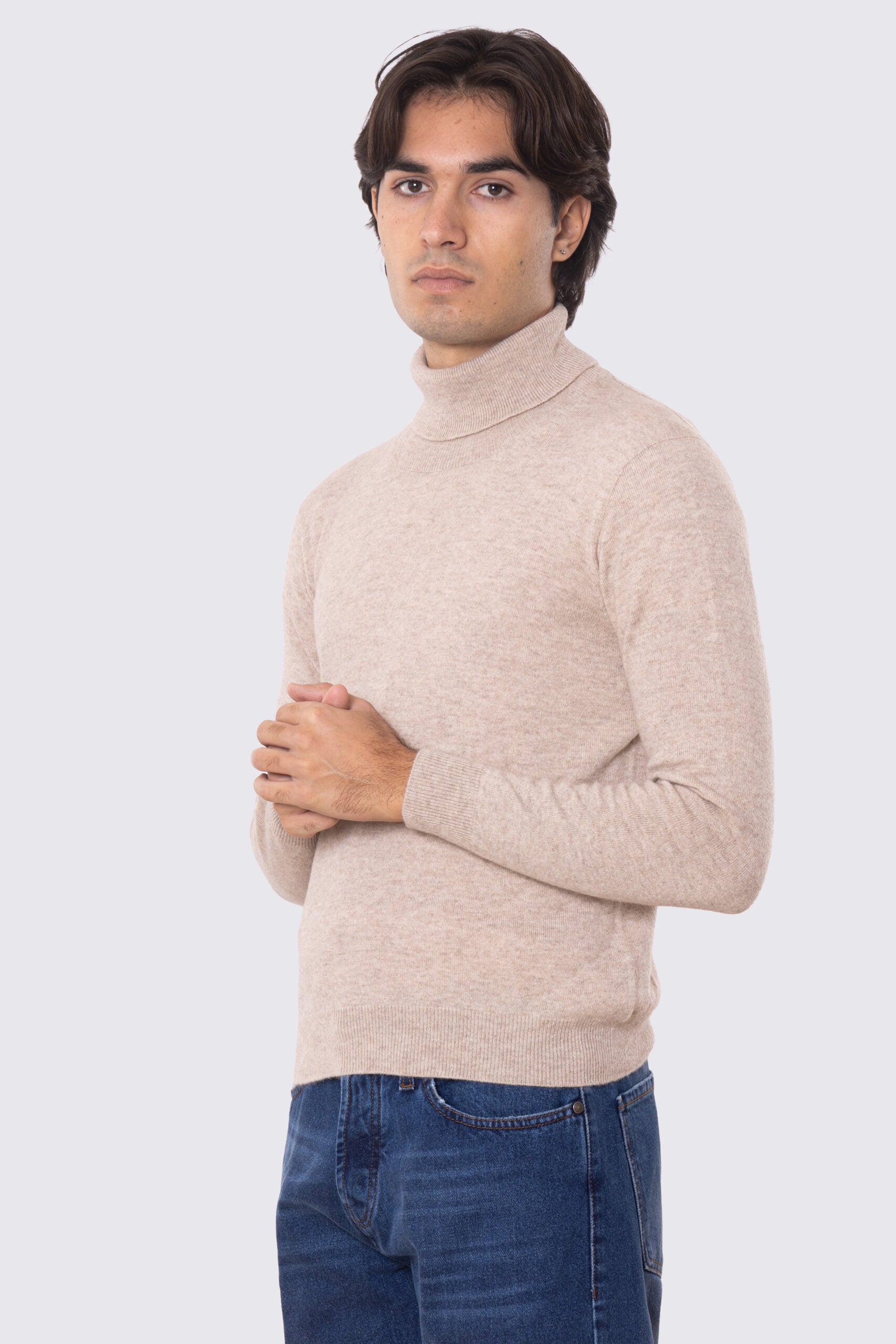 Dolcevita Beige 100% cashmere a tubolare tinta unita con elastici sulle maniche e sul fondo Finezza 12