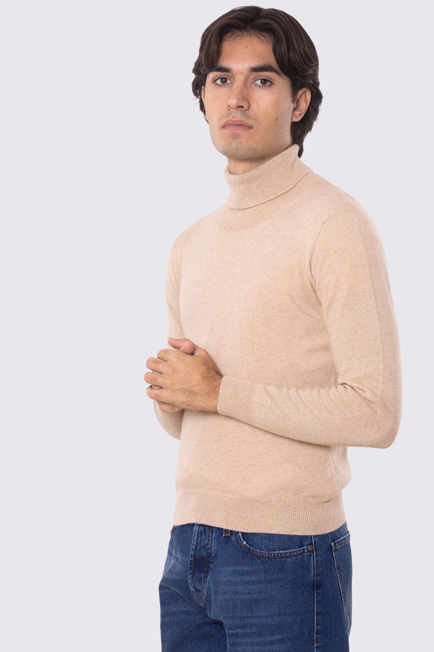 Dolcevita color cammello 100% cashmere a tubolare tinta unita con elastici sulle maniche e sul fondo Finezza 12