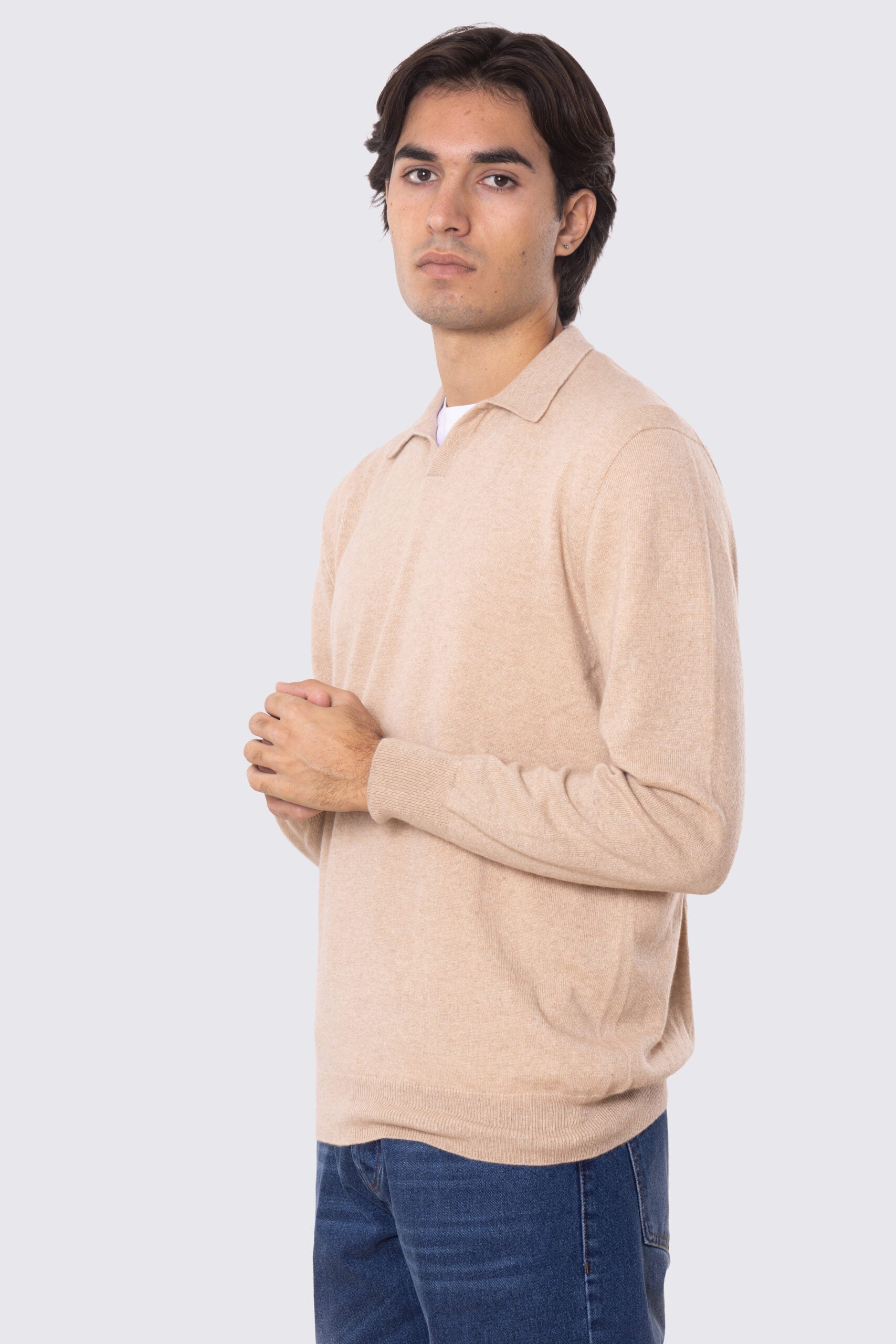 Maglione Collo camicia color cammello 100% cashmere a tubolare tinta unita con elastici sulle maniche e sul fondo Finezza 12