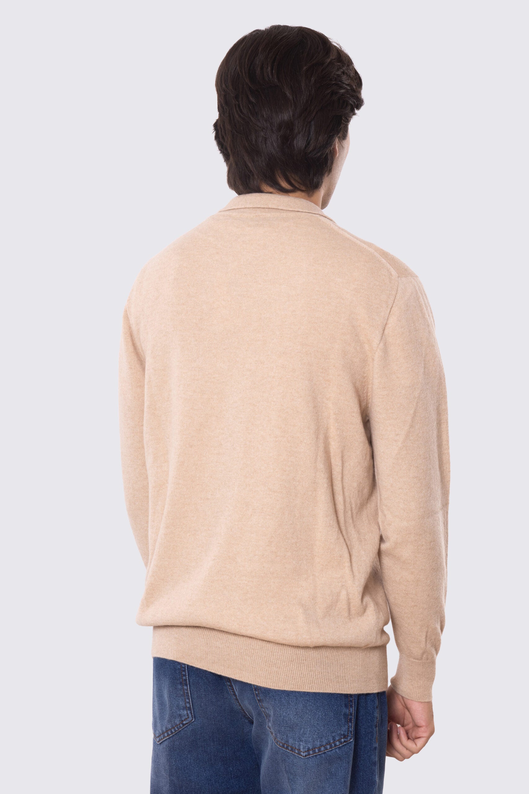 Maglione Collo camicia color cammello 100% cashmere a tubolare tinta unita con elastici sulle maniche e sul fondo Finezza 12