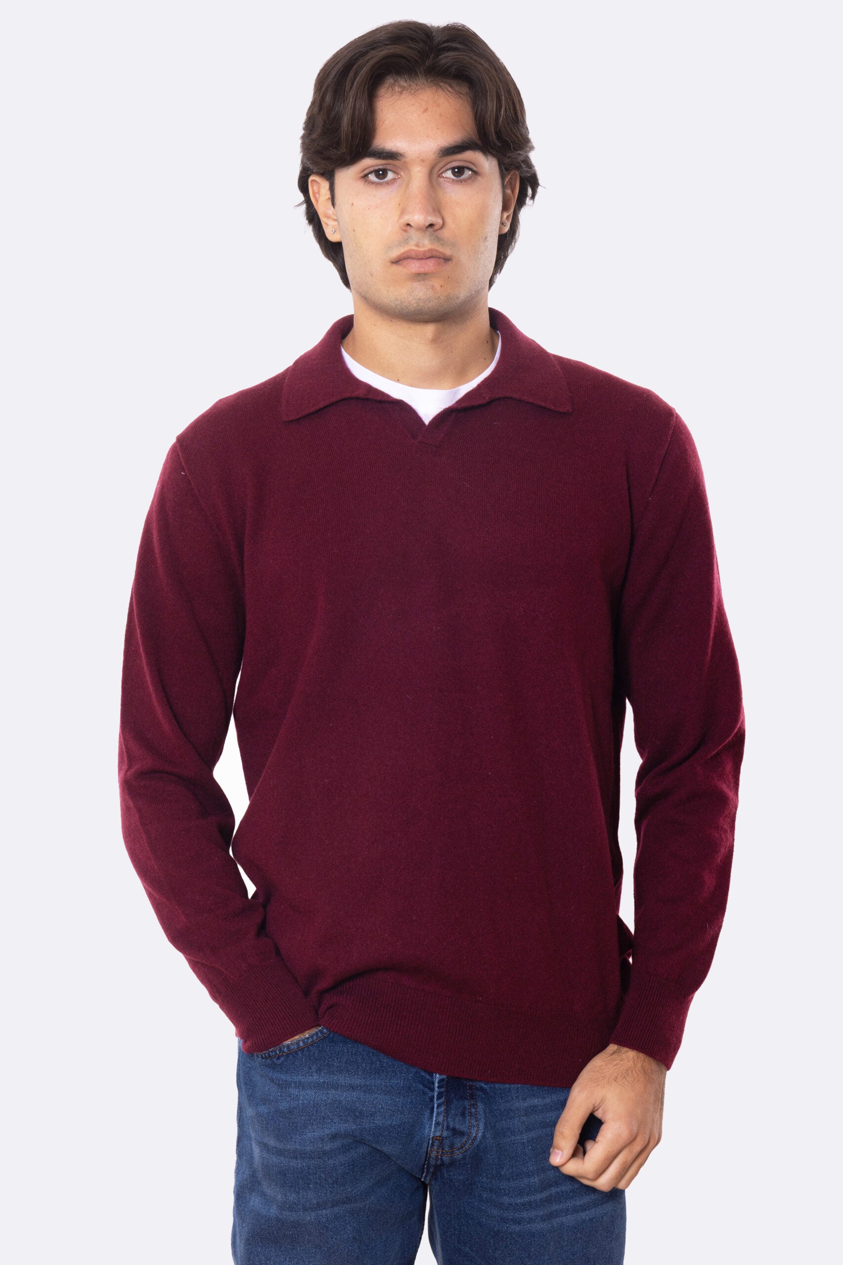 Maglione Collo camicia bordeaux 100% cashmere a tubolare tinta unita con elastici sulle maniche e sul fondo Finezza 12