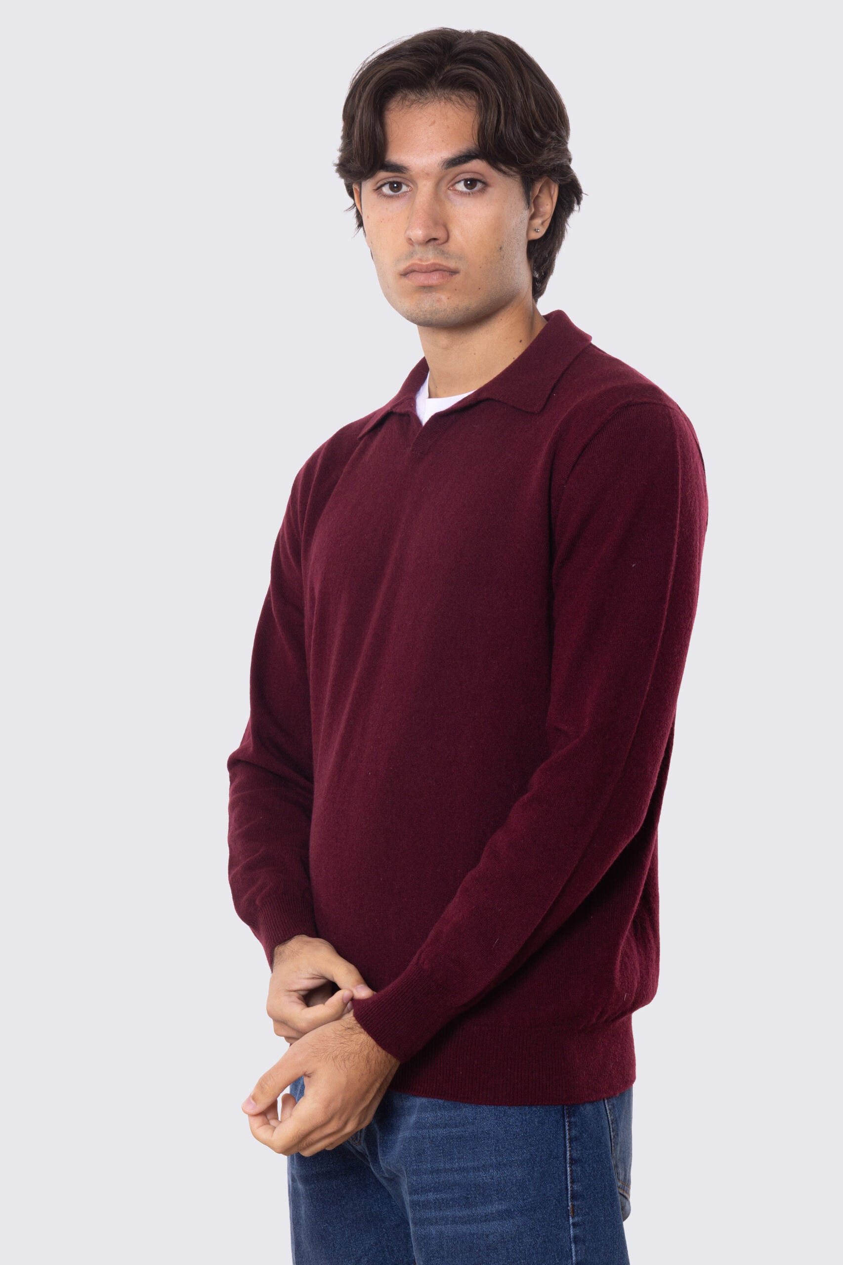Maglione Collo camicia bordeaux 100% cashmere a tubolare tinta unita con elastici sulle maniche e sul fondo Finezza 12