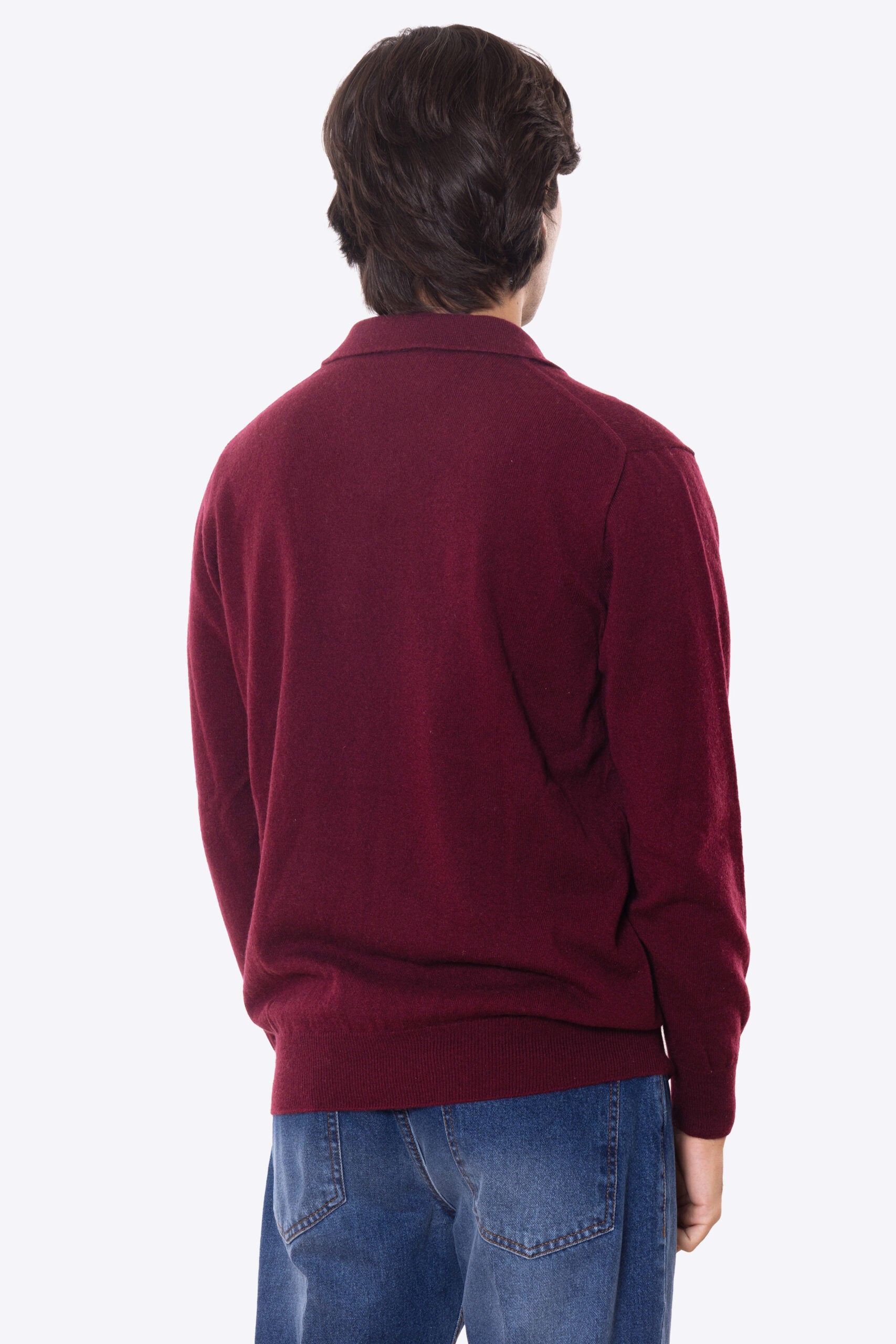 Maglione Collo camicia bordeaux 100% cashmere a tubolare tinta unita con elastici sulle maniche e sul fondo Finezza 12