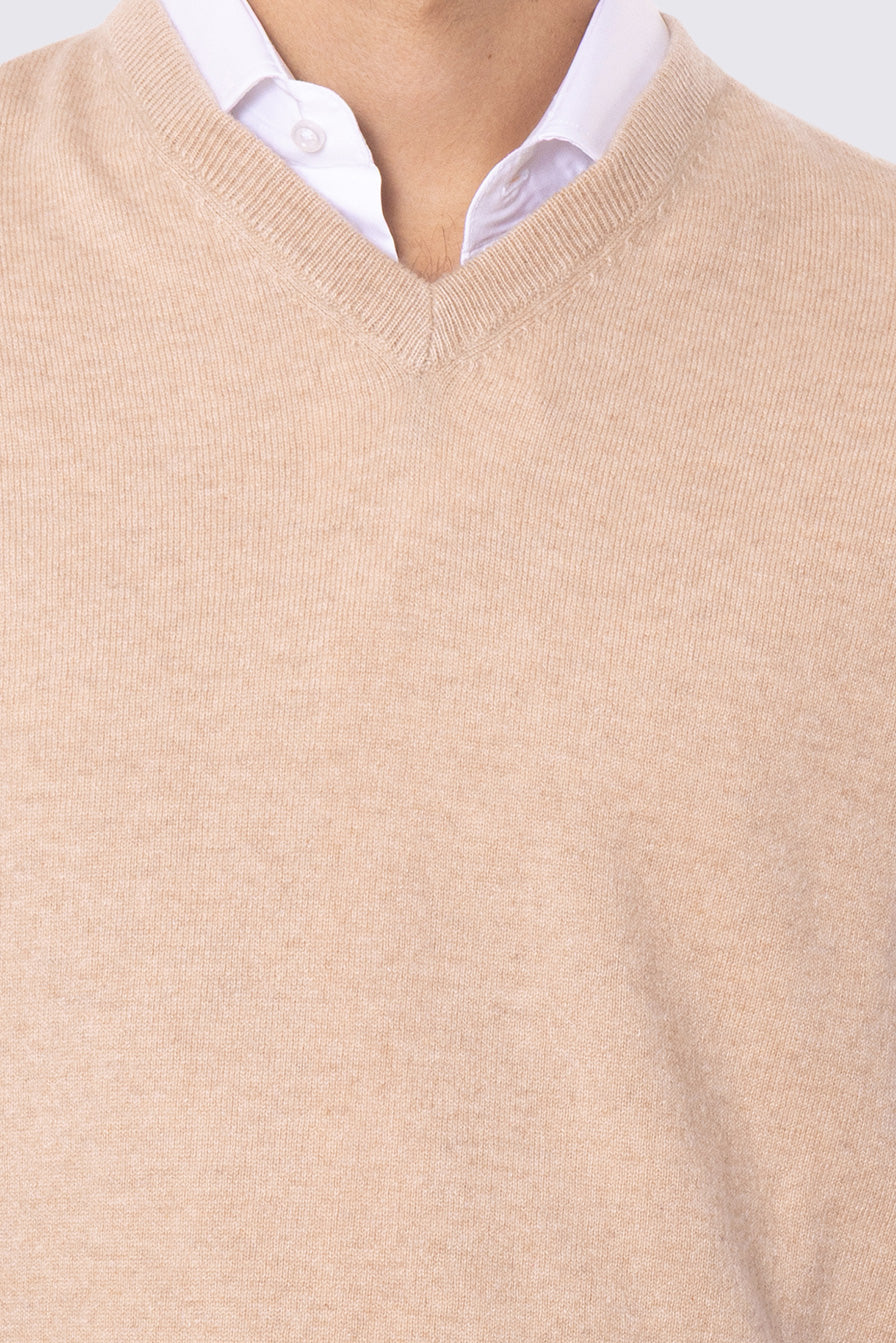 Gilet scollo a v beige 100% cashmere a tubolare tinta unita con elastici sulle maniche e sul fondo Finezza 12
