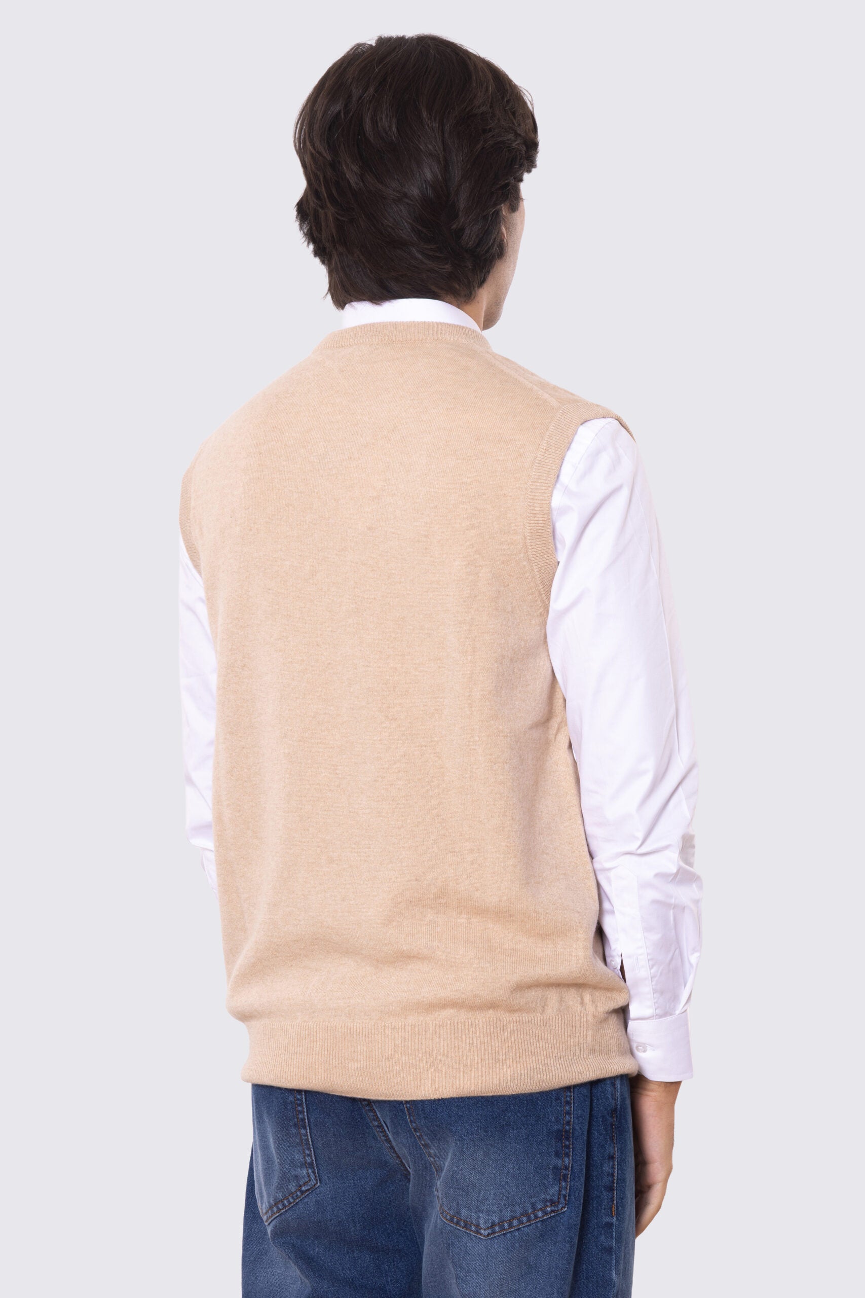 Gilet scollo a v beige 100% cashmere a tubolare tinta unita con elastici sulle maniche e sul fondo Finezza 12